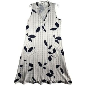 Women's Sleeveless Collared Shirtdress White Navy Leaf Pattern‎ Pockets Size L